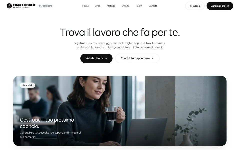 Candidates page: “Trova il lavoro che fa per te.” with its own menu and the “Candidati ora” button