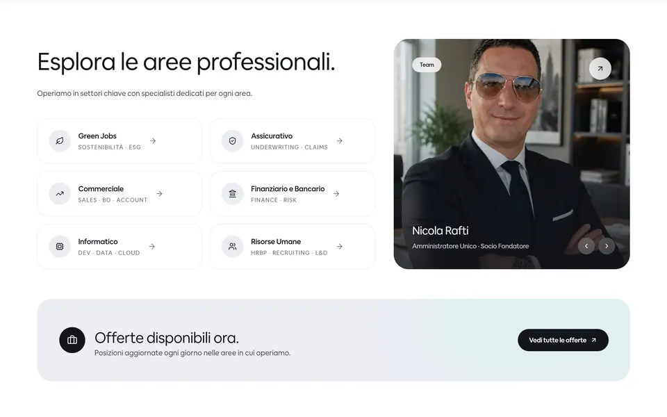 “Esplora le aree professionali.” with six areas, Nicola Rafti's card and a link to the openings