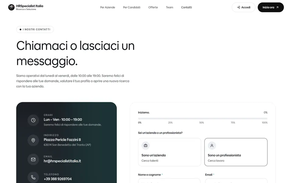 Contact page: “Chiamaci o lasciaci un messaggio.” with opening hours, address and the form for companies and professionals