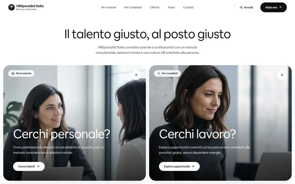 HRSpecialist Italia home page: “Il talento giusto, al posto giusto” and two cards, “Cerchi personale?” and “Cerchi lavoro?”