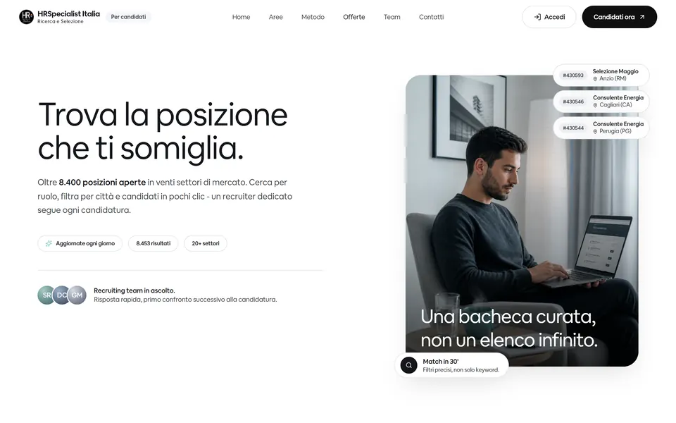 Job board page: “Trova la posizione che ti somiglia.” with a photo of a young man at a laptop and three featured openings