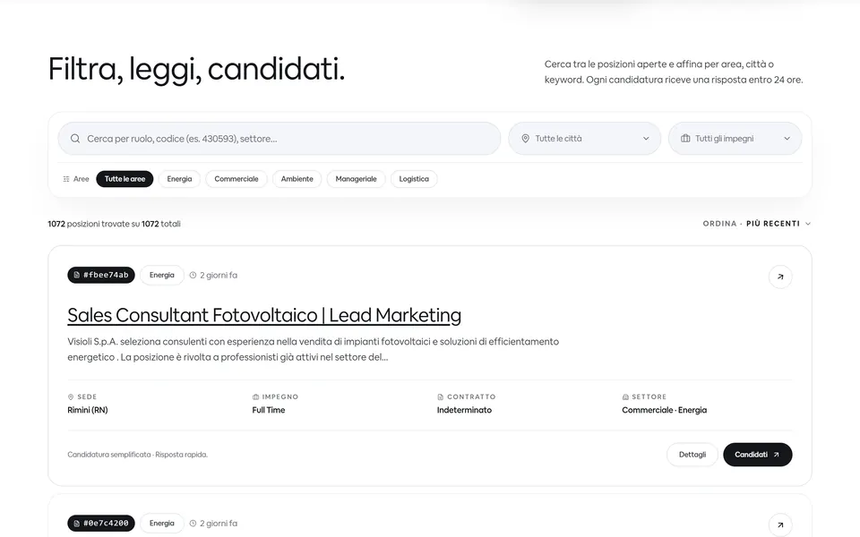 “Filtra, leggi, candidati.” with the search bar, the city, hours and area filters and the first opening