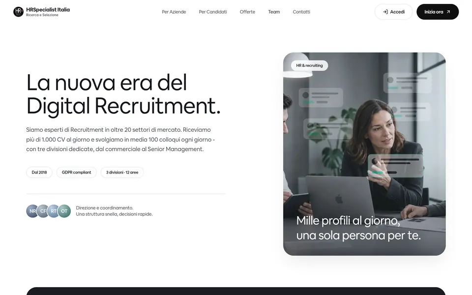 Team page: “La nuova era del Digital Recruitment.” with a photo of a meeting