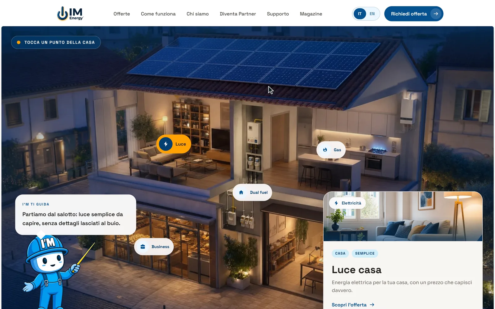 The home page house: tapping the gas, dual fuel, business and electricity points changes the offer card