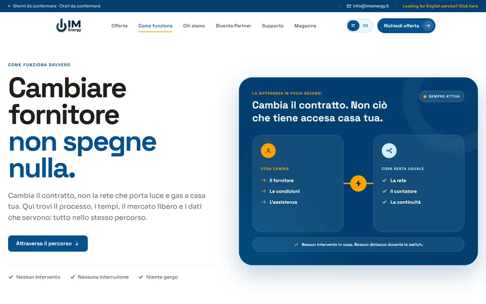 How it works page: “Cambiare fornitore non spegne nulla.” with what changes and what stays the same