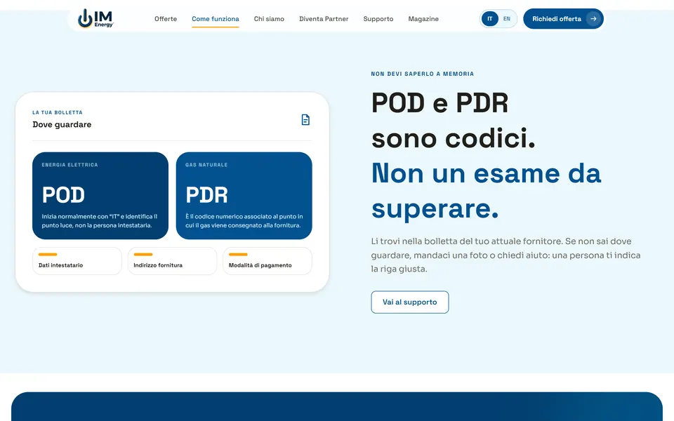 “POD e PDR sono codici. Non un esame da superare.” with the two code cards