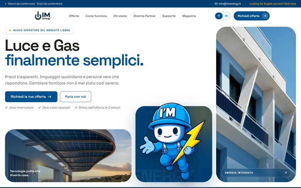 I'M Energy home page: “Luce e Gas finalmente semplici.” with the I'M mascot