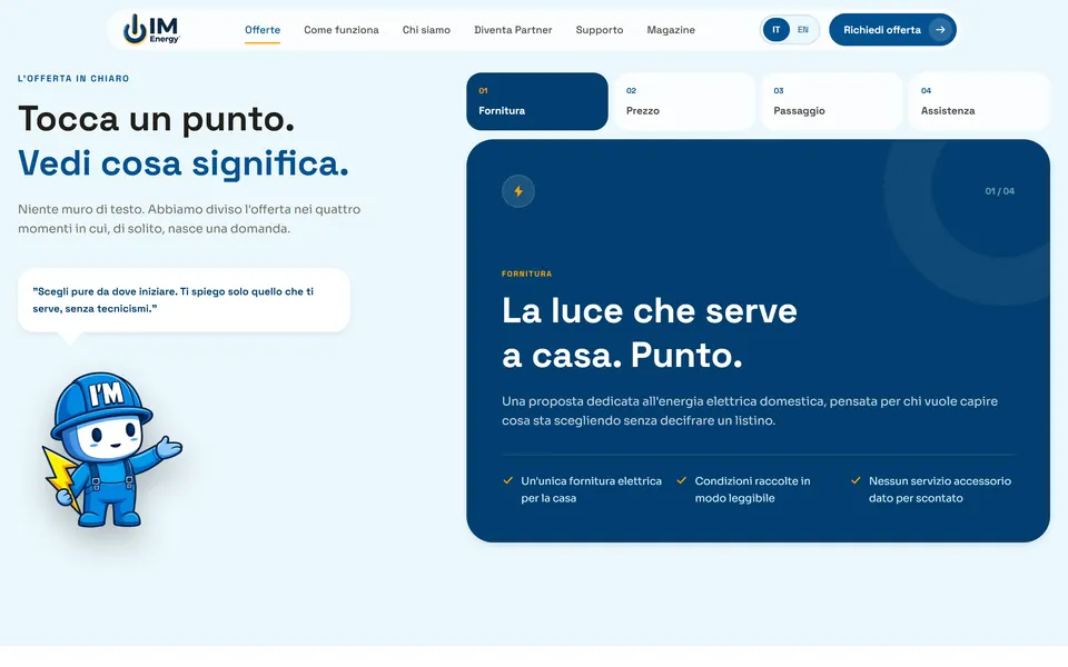 “Tocca un punto. Vedi cosa significa.” with the supply, price, switch and support tabs