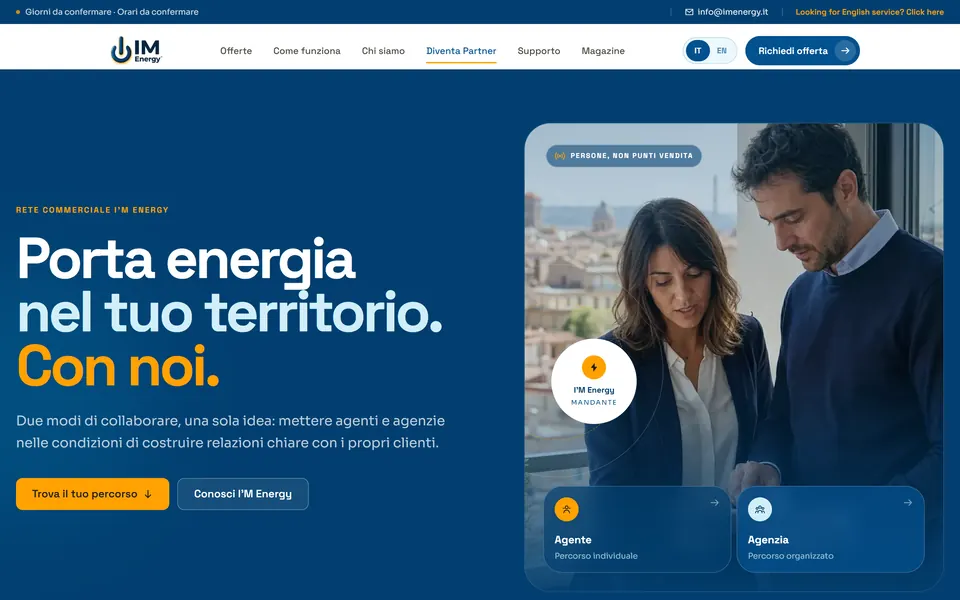 Become a partner page: “Porta energia nel tuo territorio. Con noi.” with the agent and agency paths