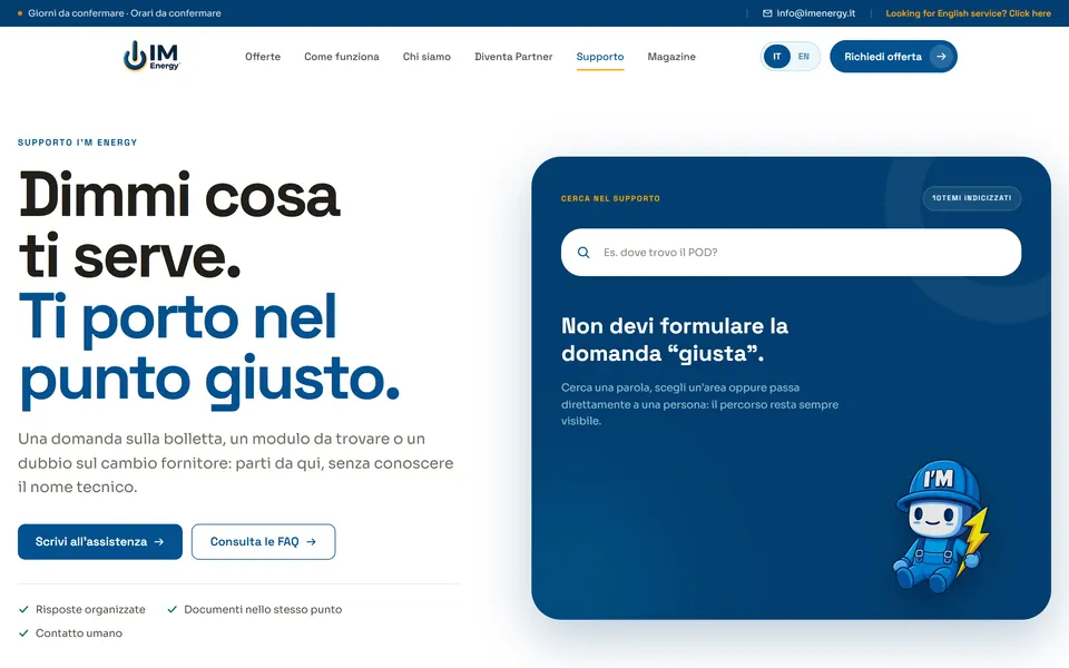 Support page: “Dimmi cosa ti serve. Ti porto nel punto giusto.” with the search