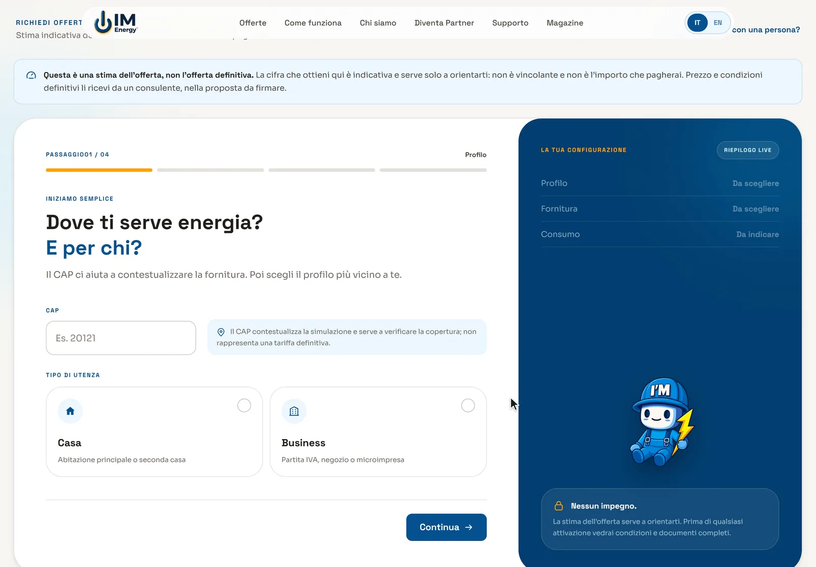 The offer request form: postcode, home, electricity and gas, regular consumption, up to the contact step