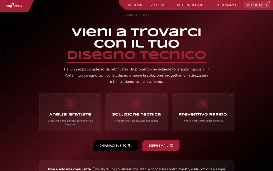 “Vieni a trovarci con il tuo disegno tecnico” su fondo rosso scuro, con i riquadri Analisi gratuita, Soluzione tecnica e Preventivo rapido