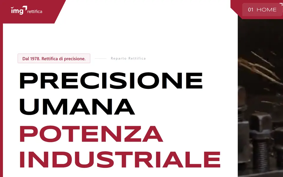 Primo piano della home: il logo e la navbar con gli angoli tagliati netti, e il titolo “Precisione umana, potenza industriale”