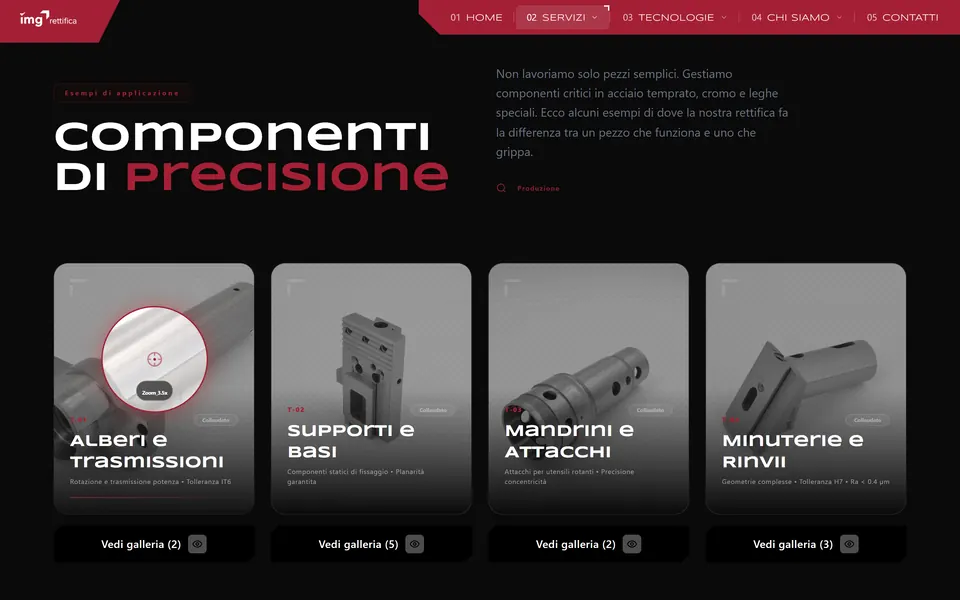 “Componenti di precisione”: la lente Zoom 3.5x sopra l'albero di trasmissione, accanto a supporti, mandrini e minuterie