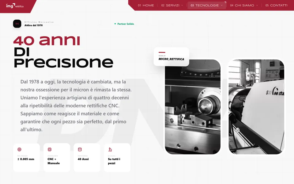 Pagina Tecnologie: “40 anni di precisione” con le foto delle rettifiche e la targhetta MICRO_RETTIFICA