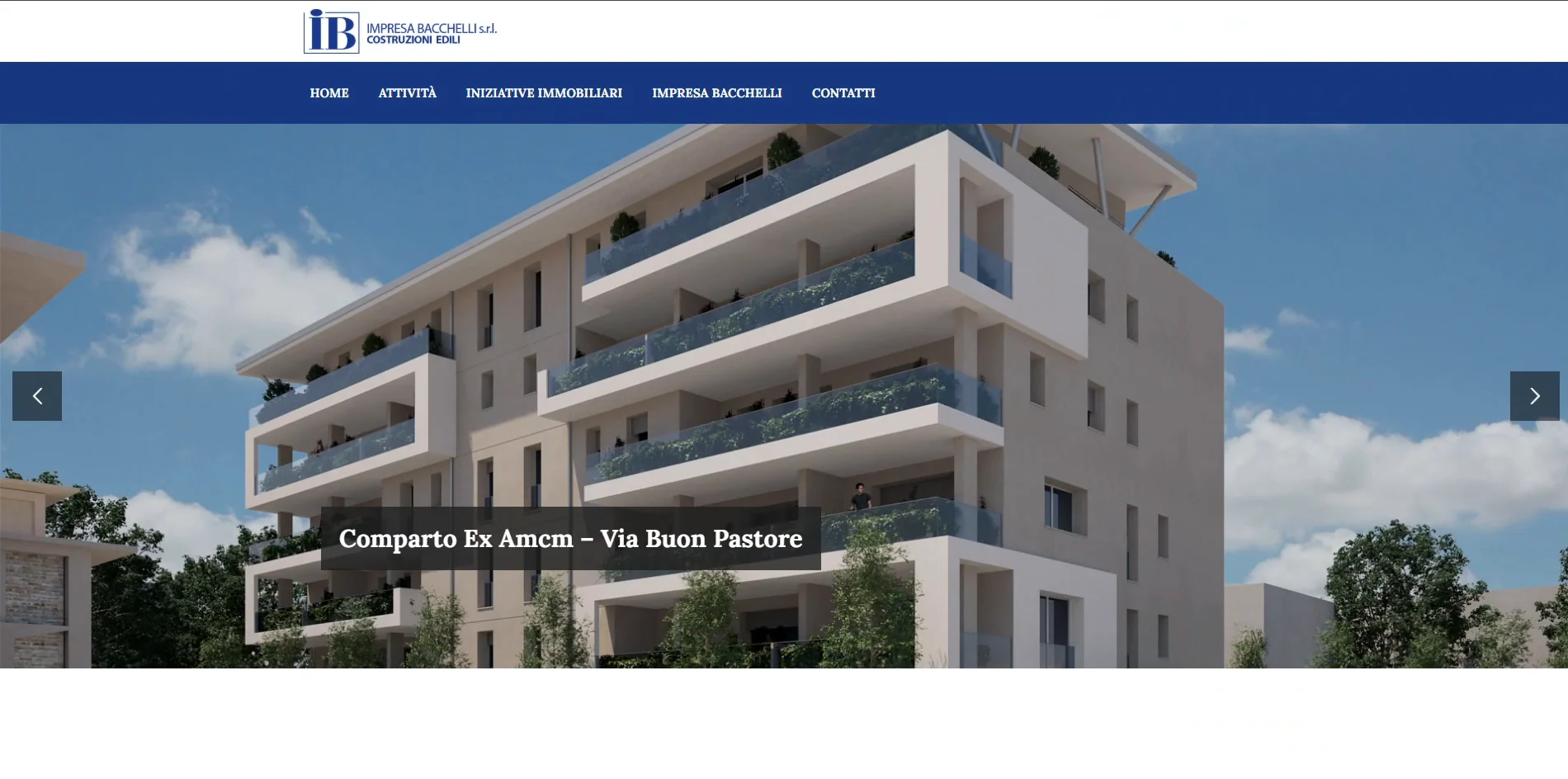 The home page of Impresa Bacchelli's old website: the blue menu bar and a slider with the render of the Ex Amcm complex on Via Buon Pastore