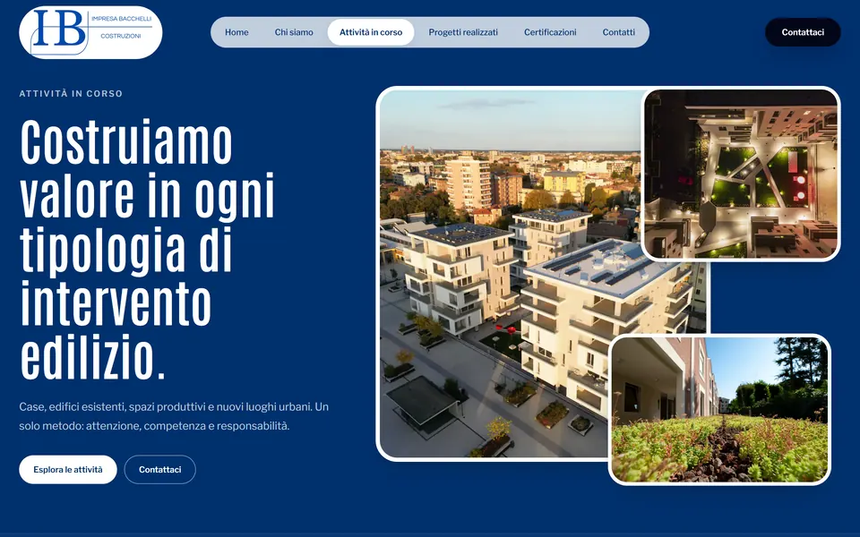 Current work page: “Costruiamo valore in ogni tipologia di intervento edilizio.” with three building site photos