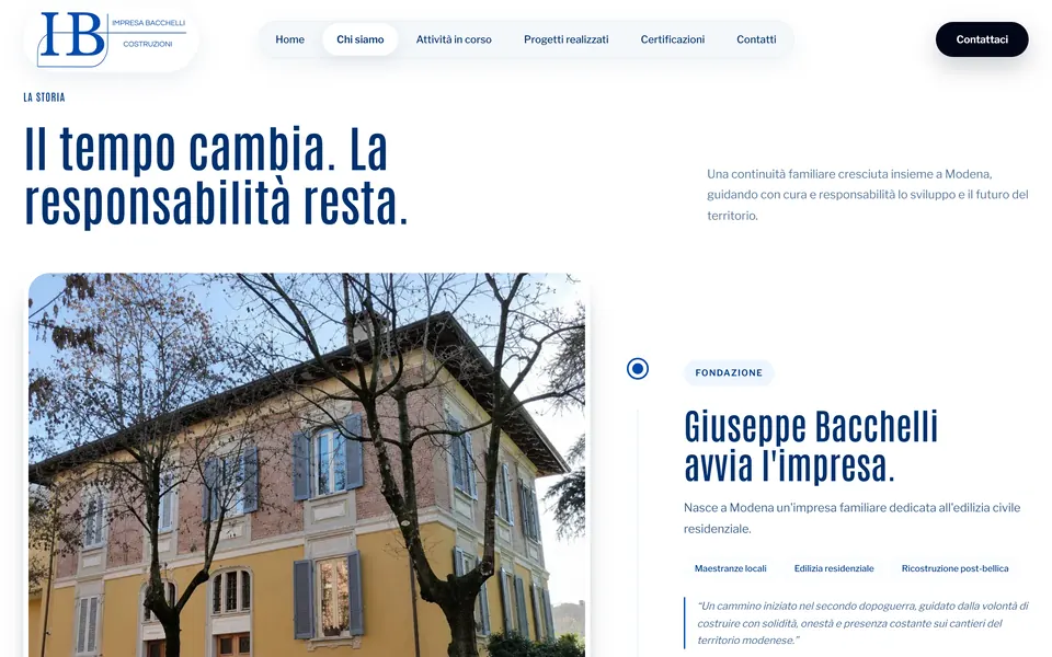 “Il tempo cambia. La responsabilità resta.” with the photo of a villa and the stage “Giuseppe Bacchelli avvia l'impresa.”