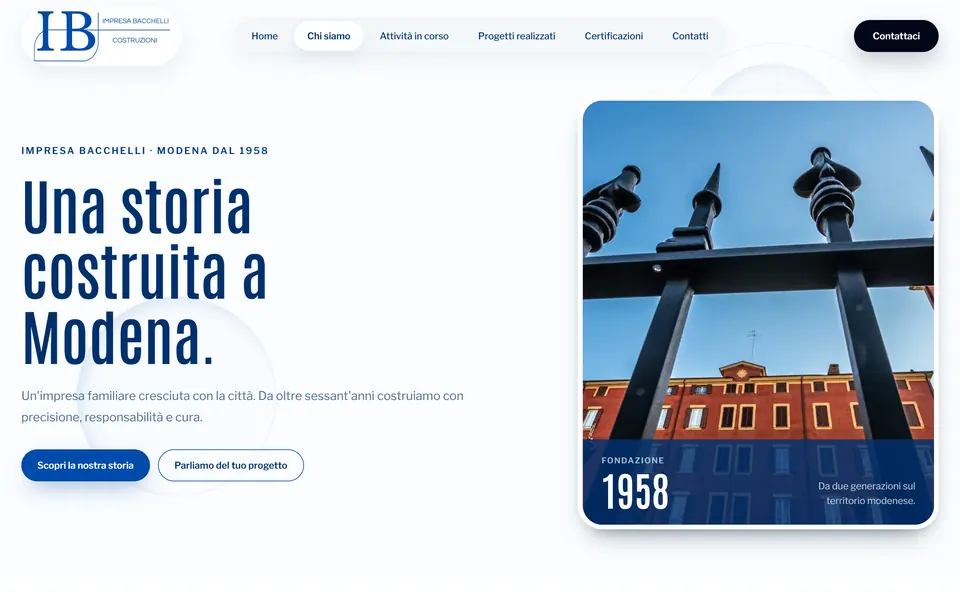 About page: “Una storia costruita a Modena.” with the photo of the gate and the Founded 1958 card