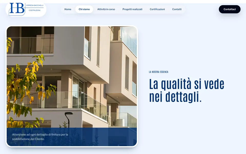 “La qualità si vede nei dettagli.” with a photo of balconies and finishes