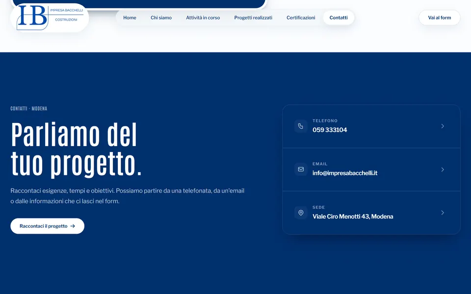 “Parliamo del tuo progetto.” with phone, email and address