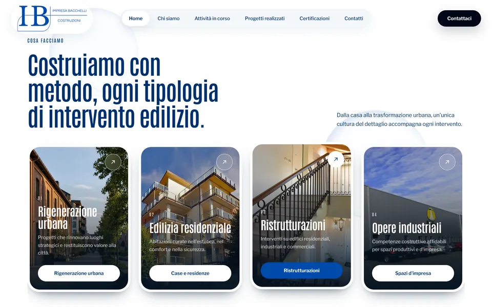 “Costruiamo con metodo, ogni tipologia di intervento edilizio.” with four cards: urban regeneration, residential building, renovations, industrial works