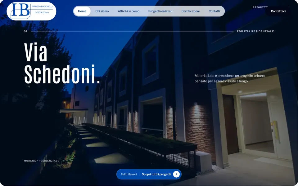Via Schedoni, the featured project, with a full-screen night photo