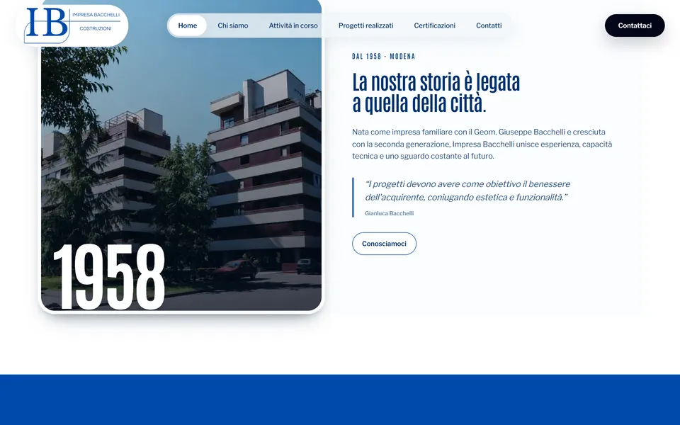 “La nostra storia è legata a quella della città.” with the photo of a building and the year 1958