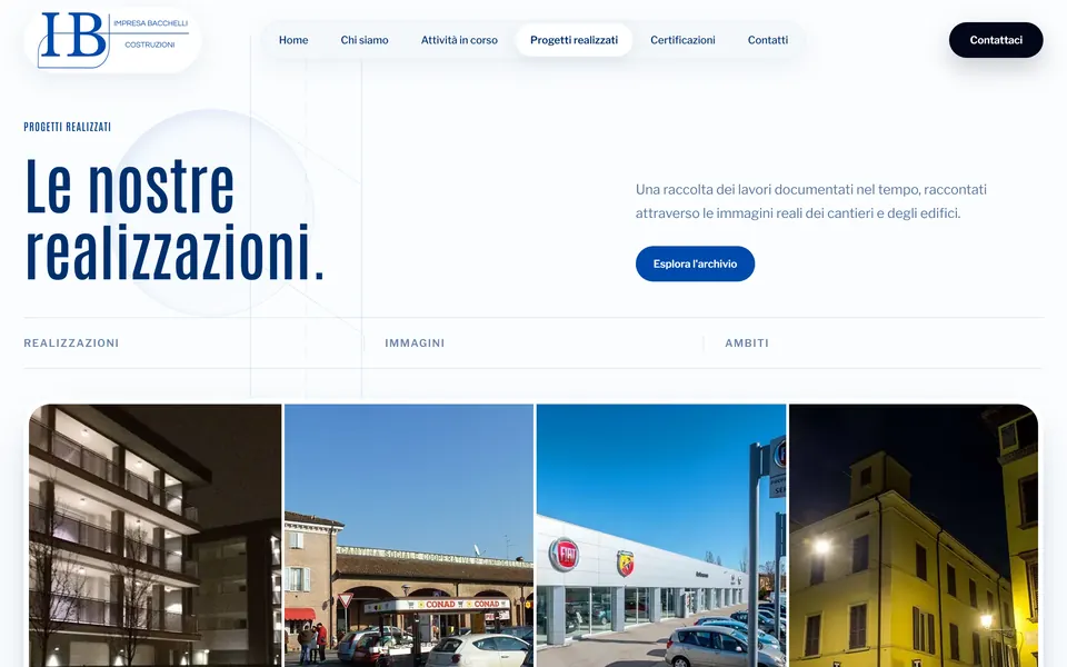 Completed projects page: “Le nostre realizzazioni.” with a strip of project photos