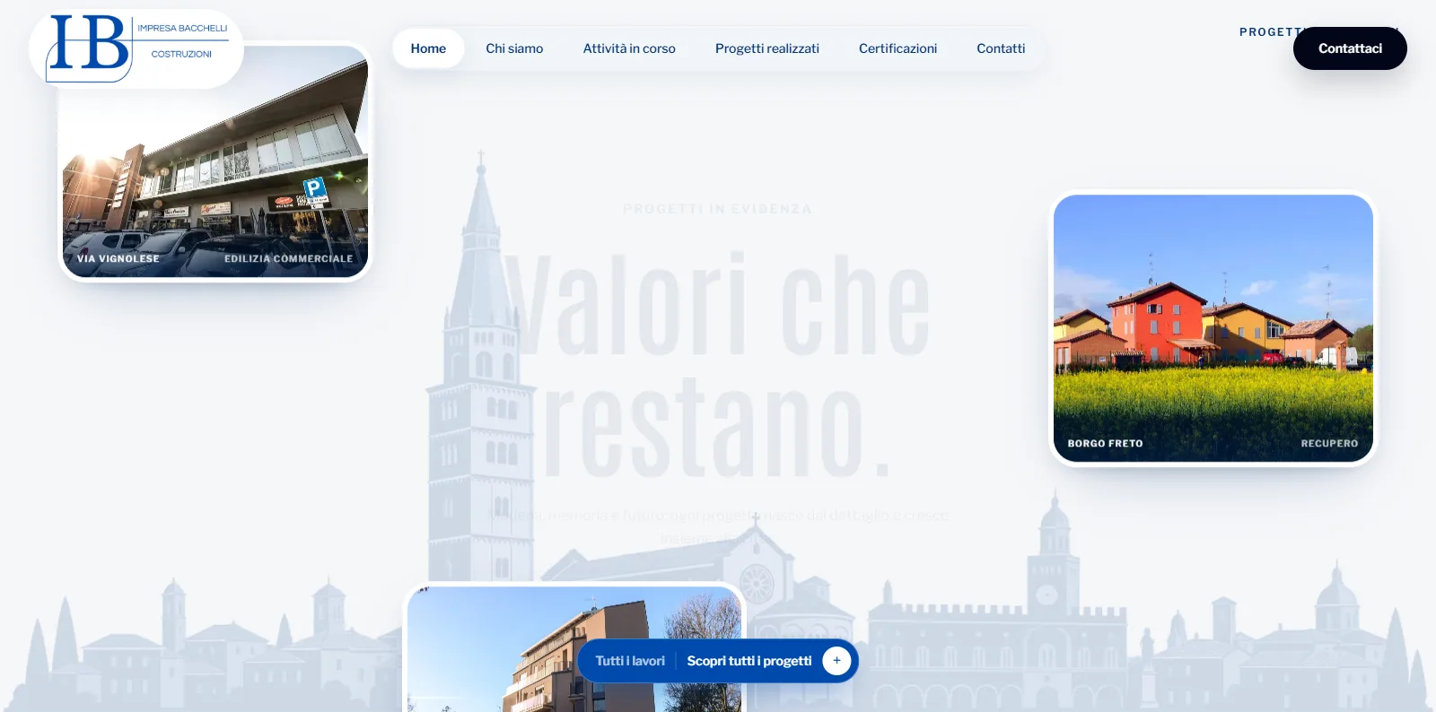 The “Valori che restano.” section of the home page: project photos scroll around the headline and the last one grows to full screen