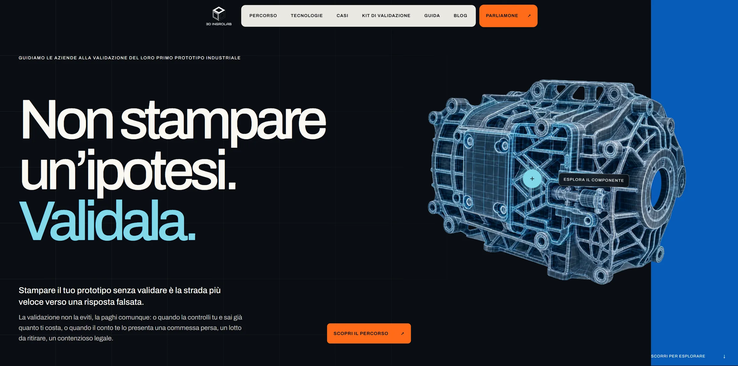 The new home page: “Non stampare un'ipotesi. Validala.” with the wireframe component