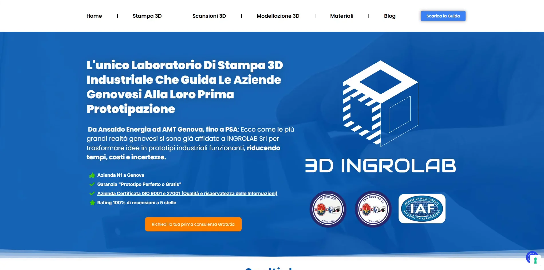 The home page of Ingrolab's old website: the headline on a blue background and the 3D Ingrolab logo