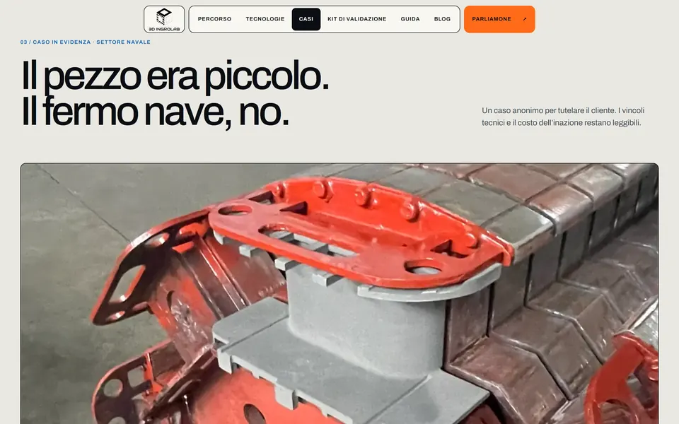 A case: “Il pezzo era piccolo. Il fermo nave, no.” with a photo of the part