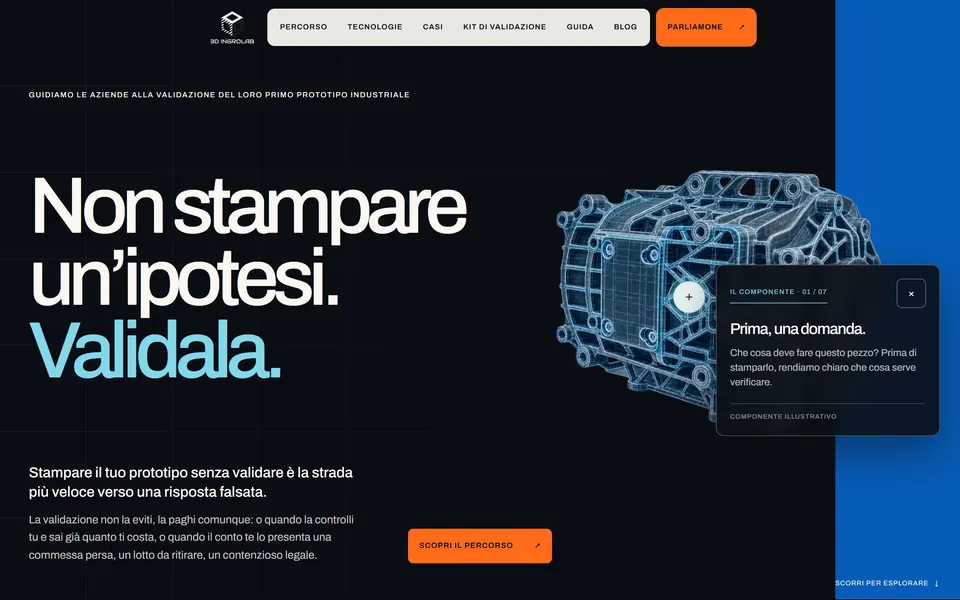 Ingrolab home page: the headline “Non stampare un'ipotesi. Validala.” and the wireframe component with stage card 01 of 07 open