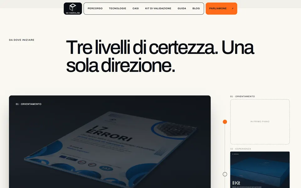 The “Tre livelli di certezza. Una sola direzione.” section with the guide cover