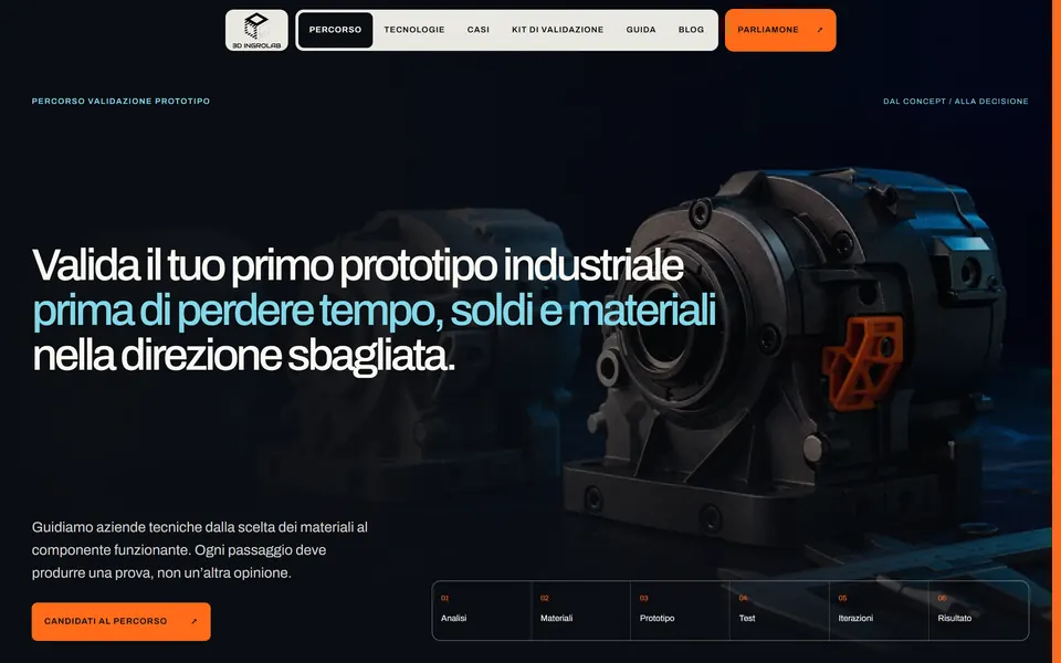 Journey page: “Valida il tuo primo prototipo industriale” with the component on a dark background