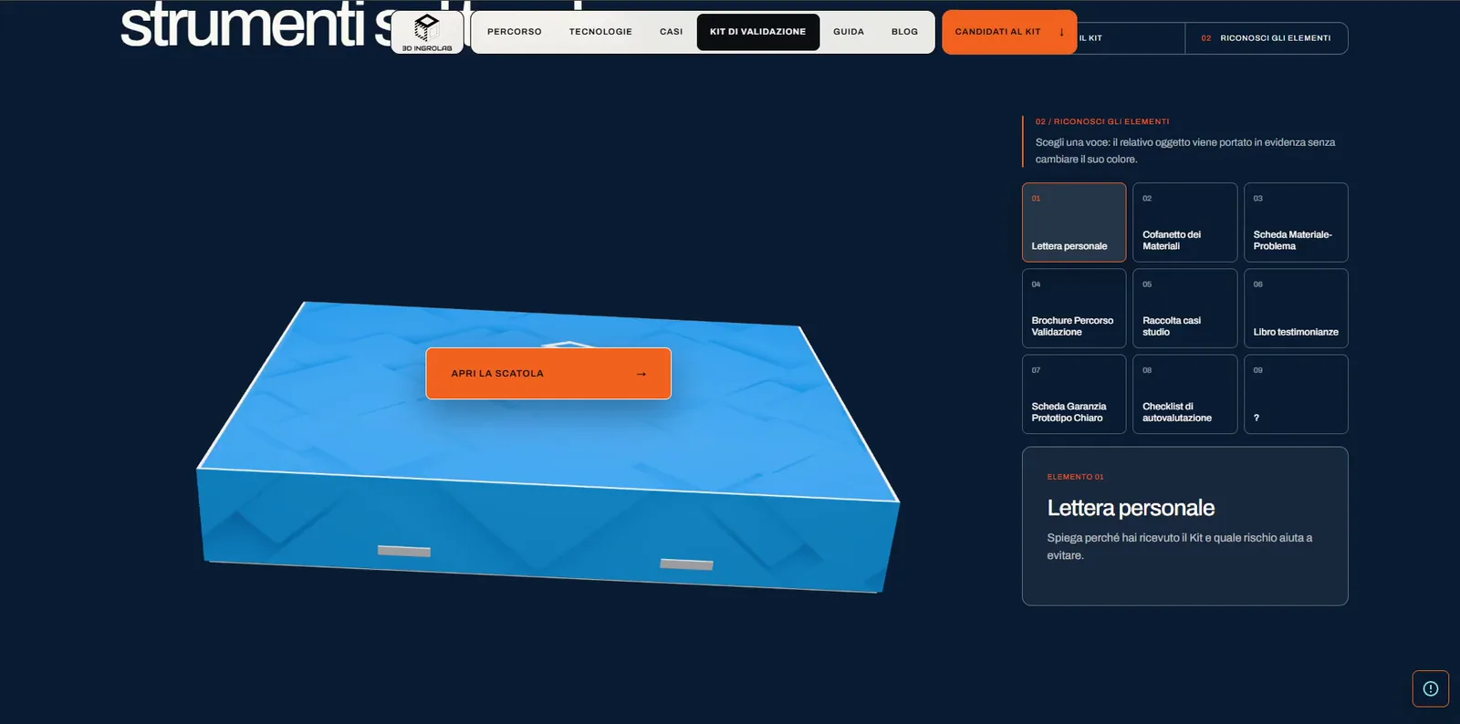 The 3D kit scene: the box opens and the tools come out one at a time