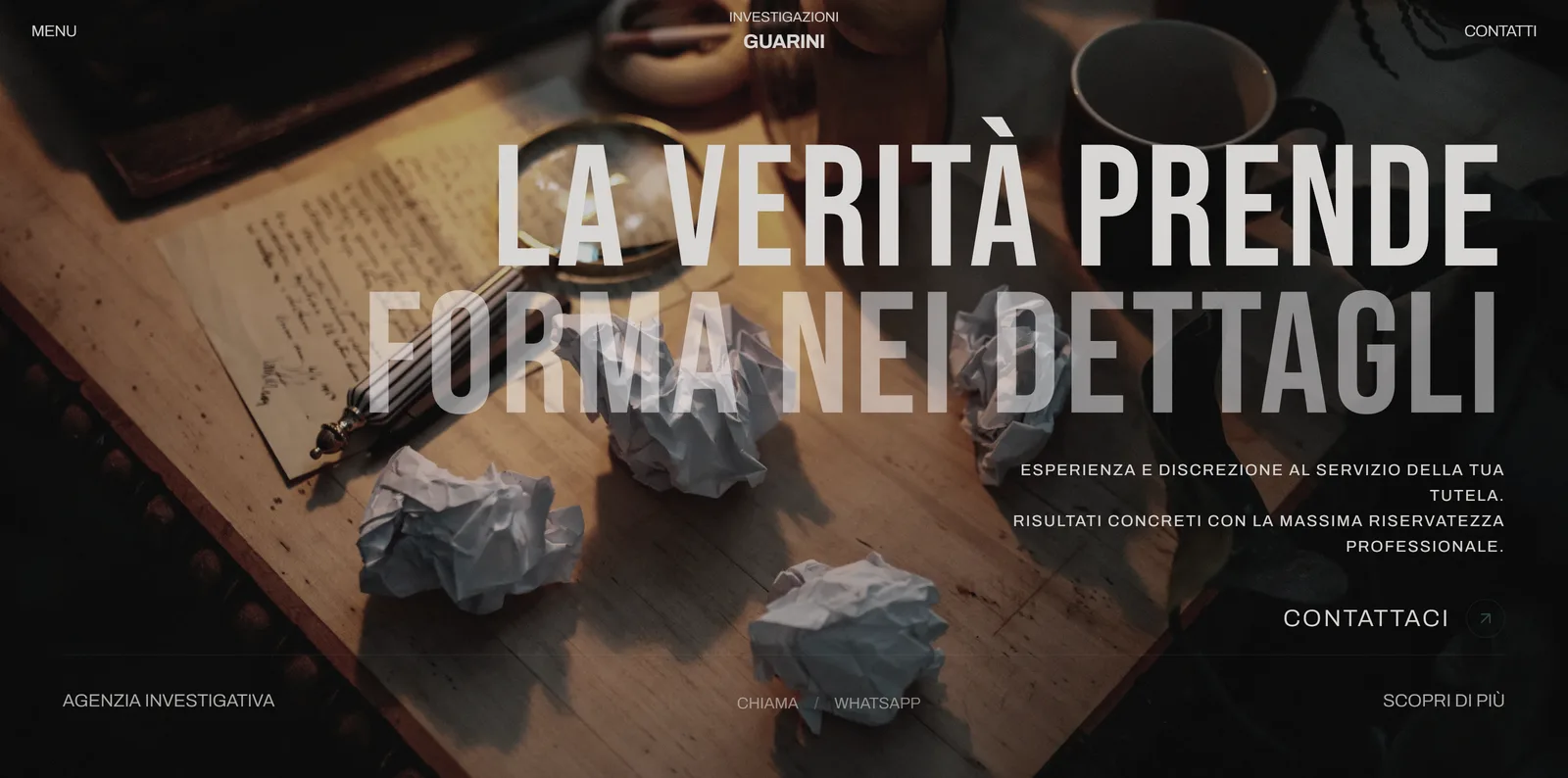 The Investigazioni Guarini home page: from the first screen, with the headline “La verità prende forma nei dettagli”, to the “Professionisti della verità” section; then the animated opening, with the photo emerging from the dark