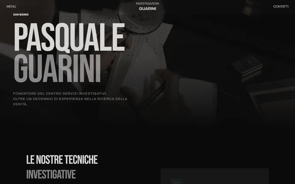 About page: “Pasquale Guarini”, founder of the Centro Servizi Investigativi, over a photo with a magnifying glass
