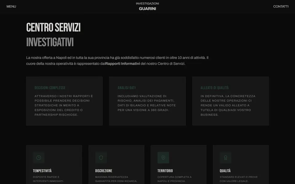 “Centro servizi investigativi” with three cards: complex decisions, data analysis, a reliable ally
