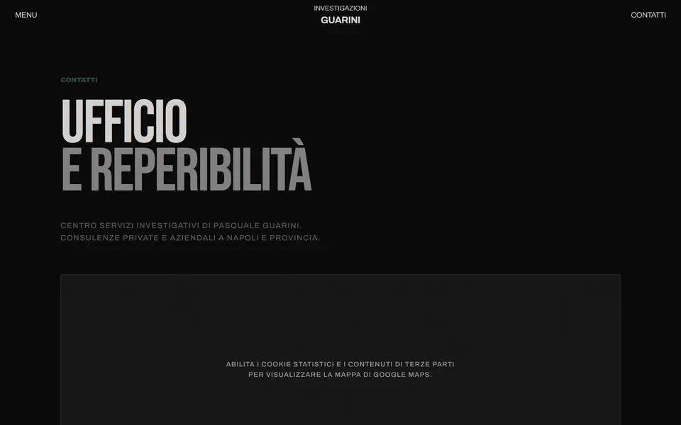 “Ufficio e reperibilità” and the map box, which asks for cookie consent before showing Google Maps