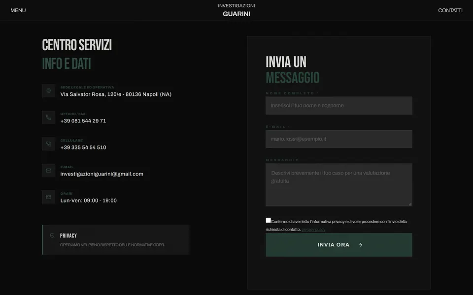 “Centro servizi, info e dati”: address, phone numbers, email and hours next to the “Invia un messaggio” form