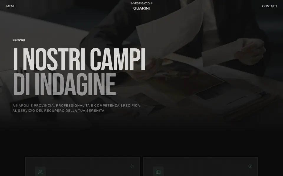 Services page: “I nostri campi di indagine” over a photo of hands leafing through documents