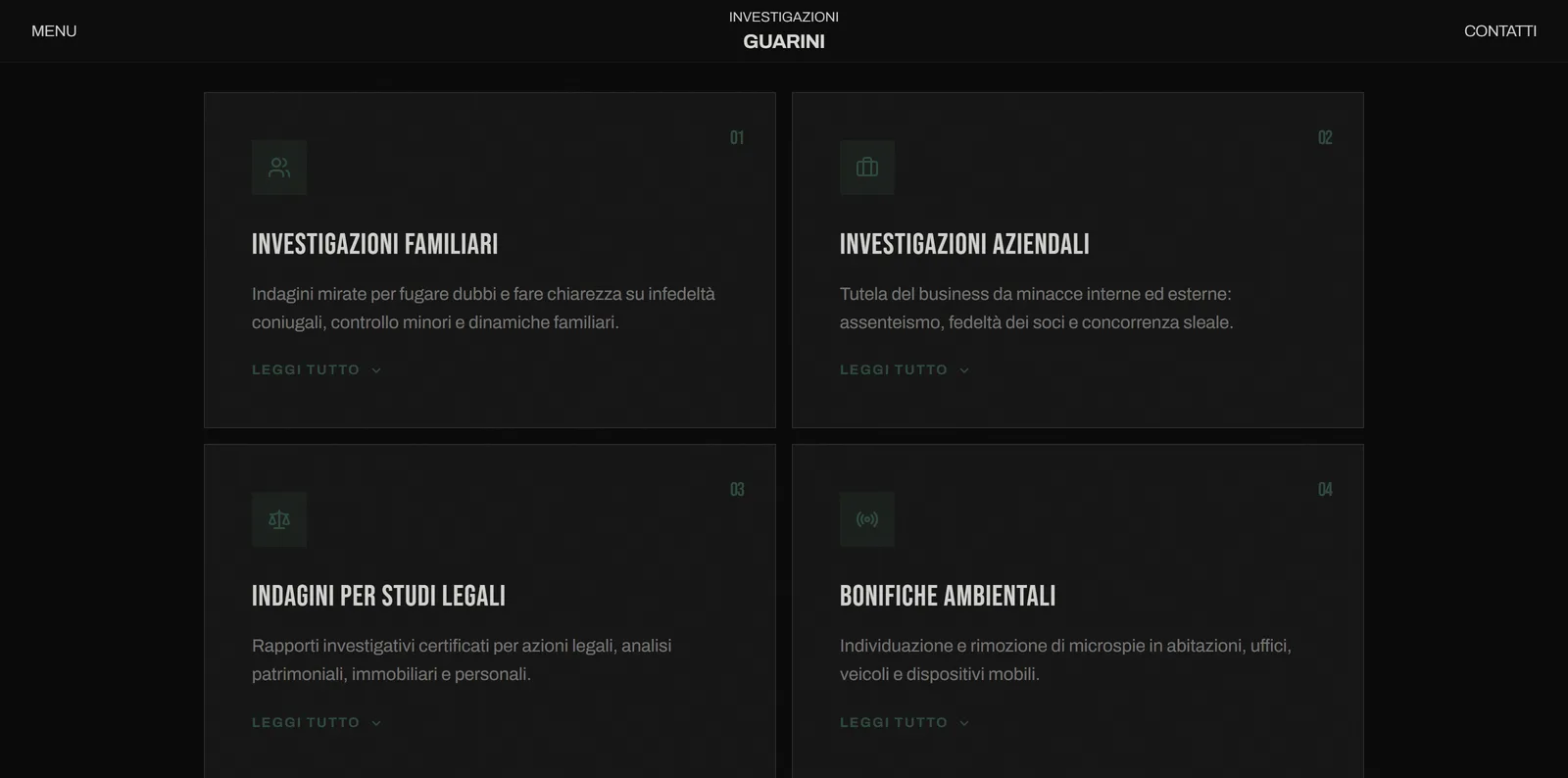 The Services page: the family and corporate investigation cards open one after the other, then the other fields of investigation scroll by