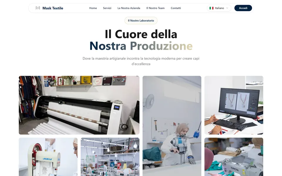 “Il Cuore della Nostra Produzione” with photos of the machines and the work in the lab