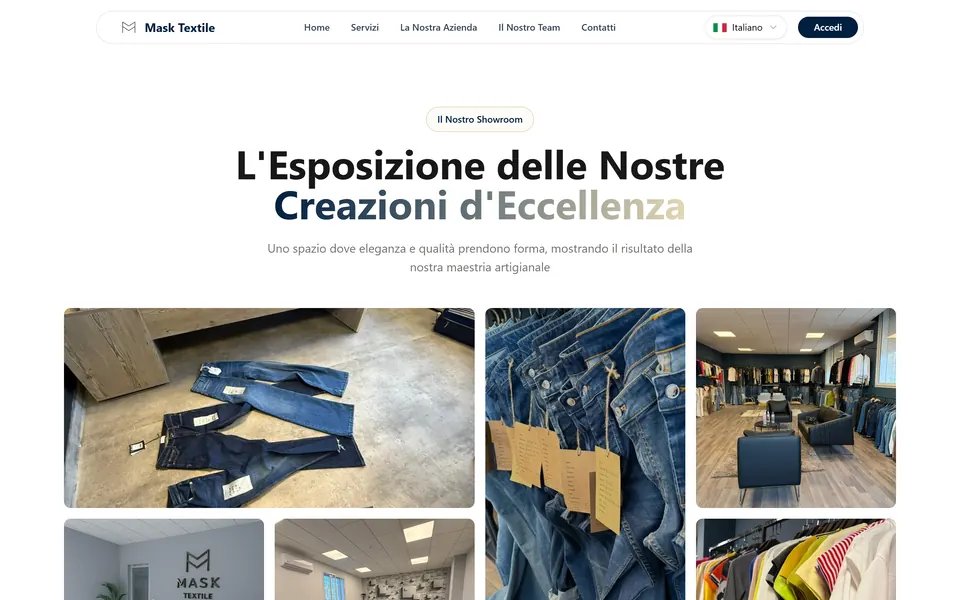 Our Company page: “L'Esposizione delle Nostre Creazioni d'Eccellenza” with photos of the jeans and the showroom