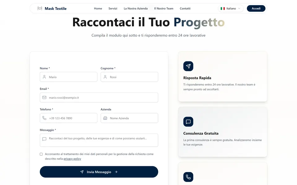 “Raccontaci il Tuo Progetto” with the contact form and the cards beside it