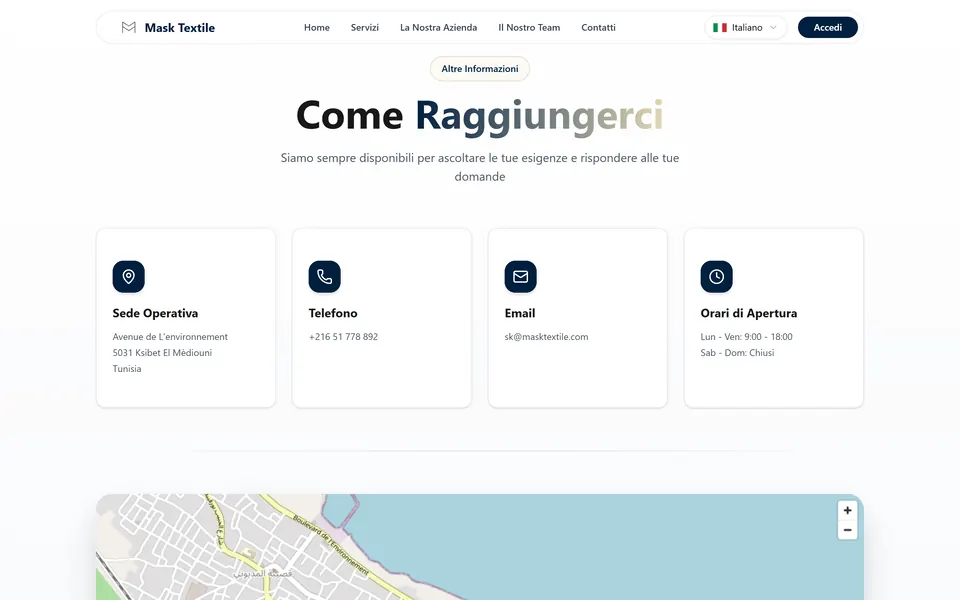 “Come Raggiungerci” with address, phone, email, opening hours and the map
