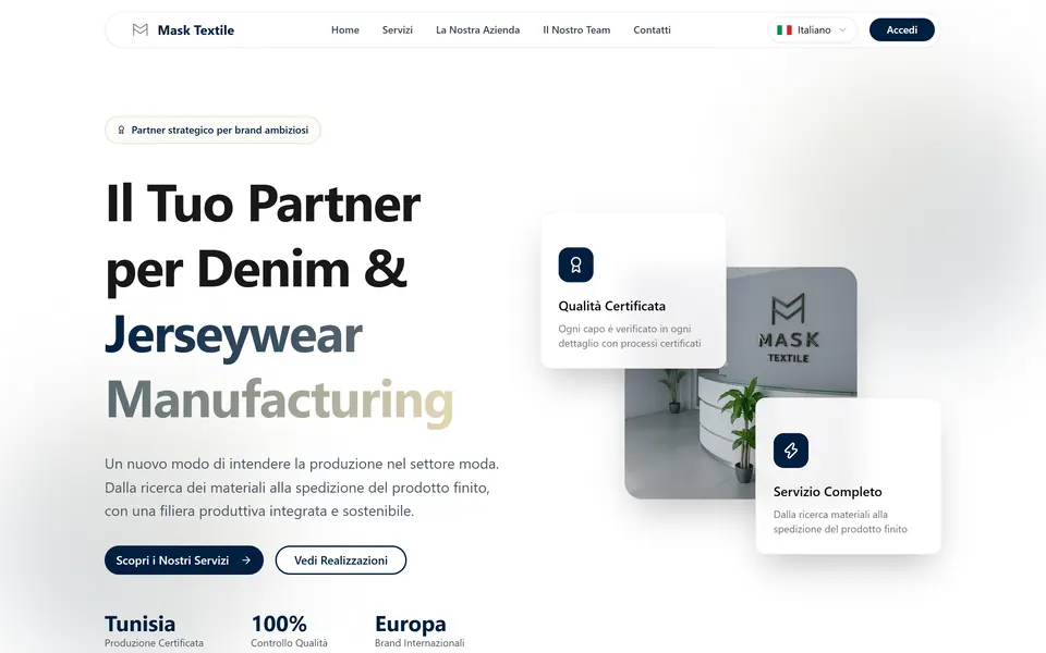 Mask Textile home page: “Il Tuo Partner per Denim & Jerseywear Manufacturing” with a photo of the entrance and the logo