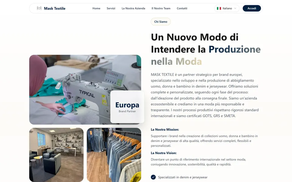 “Un Nuovo Modo di Intendere la Produzione nella Moda” with photos of the lab and the showroom